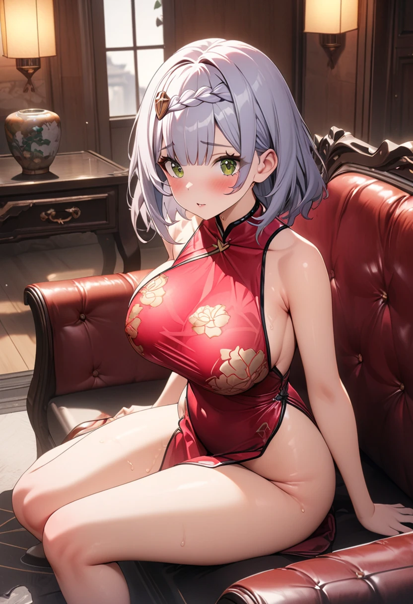 mature women, grey hair, green eyes, wrinkles eyes, (wearing a short off-the-shoulder sleeveless cut out, (Chinese dress with cleavage cutout) ,big breasts (masterpiece,mature,detailed, high quality) (smile) elegant, beautiful, ((curvy thighs)), sitting on couch. (windowed exo-planet, with night sky)