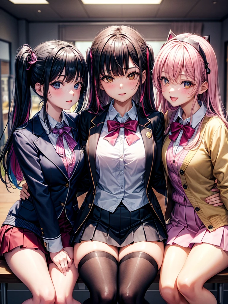 best quality, ultra high resolution, perfect anatomy, 3girls, caucasian, schoolgirls, school uniform, 17 year old, on a car backseat, spread legs, (white panties), (playful, talking), best shadows, volumetric lighting