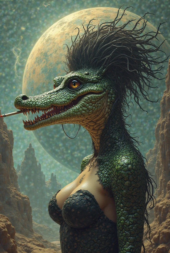 score_9,score_8_up,score_7_up,source_furry, sethrak, lamia, gorgon, serpentine, reptilian face, female, by murata, solo, post-apocalypse, crumbling city on background, late night, moon, dark alleyway, heavy rain, wet body, wet clothes, water, white slit pupils, black-eyes, looking at viewer, extreme detail, detailed eyes ,tail, spiked brow, yellow scales, green accents, side view, long claws, big breasts, natural breasts, nude, tongue out, perfect_hands, perfect_face, fangs, close-up, seductive pose,