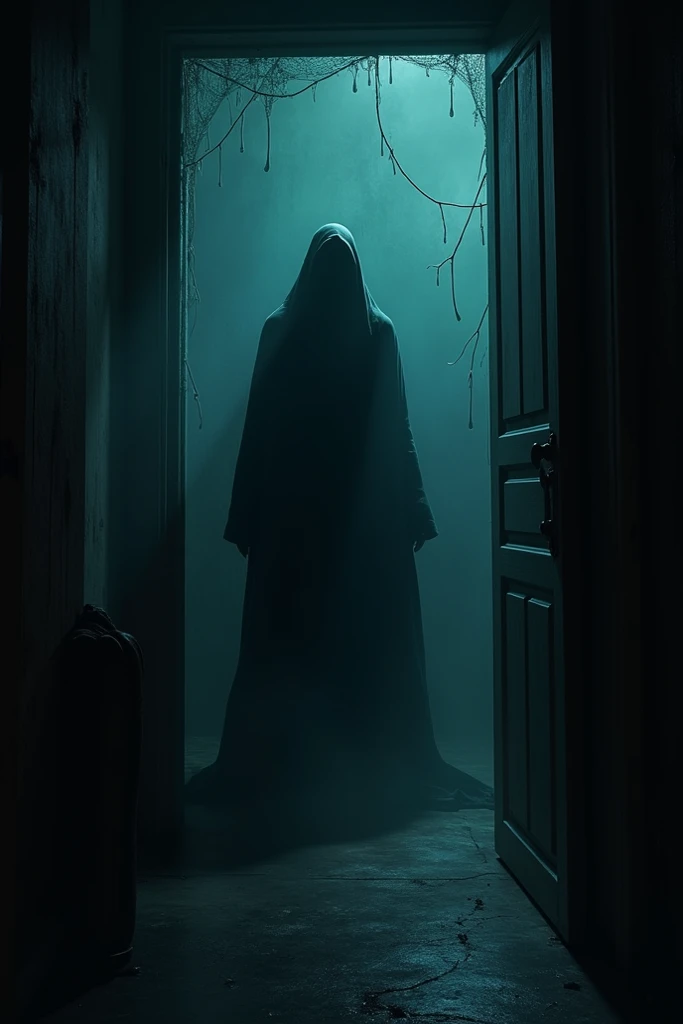 A shadowy figure standing perfectly still in the hallway glimpsed in the mirror behind you.