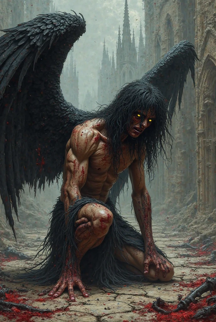 a suffering angel with blindfolded, detailed gloomy angel, in the background Polish colors white-red, photorealistic, gruselig, düster, gothic style , der körper ist mit blut verströmt.