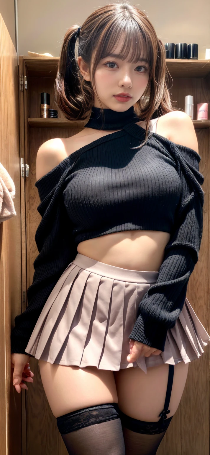 4K, RAW photo, best quality, masterpiece, ultra high resolution, (photorealistic:1.4), realistic,
(best quality, masterpiece:1.2), (extremely intricate, detail_face:1.2), (1girl, slim), full body, dynamic pose, dynamic angle, ((from behind)), (exhibitionism),
shibuya \(tokyo\), bus stop, bus stop sign,
(nsfw:0.8), ((only_sweater)), (off shoulder-sweater, crop top-sweater, long sleeves-sweater), ((low-rise)), (pleated skirt, miniskirt), choker, earrings, navel piercing,
light_on_face, black hair, shiny skin, (gigantic breasts), narrow waist, (thighs), thigh gap, realistic_fingers, whole_fingers, red lips, makeup, huge ass,