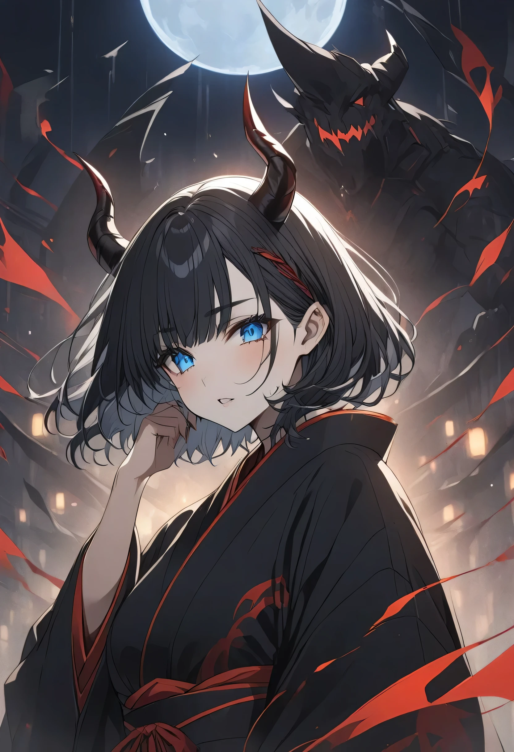 Devil Girl、midnight、Negative、black hair、Blue pupil、Devil's Horns、kimono