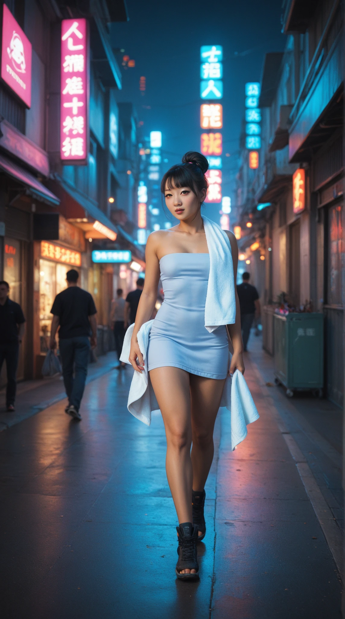 Cinematic movie poster of (nude gorgeous Chinese|Filipina woman), in sci-fi cyberpunk ally, standing, feet, blue pink orange green lighting, best quality, studio lighting 