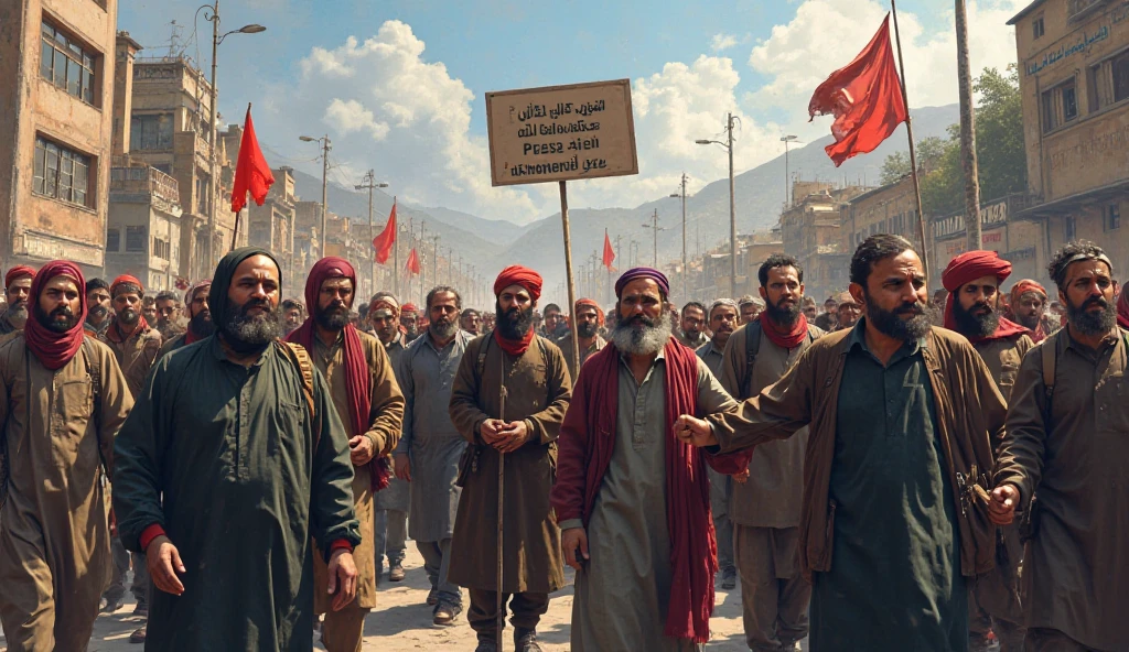 Huge protest of Afghans for peace, holding white flags and black flags, traditional afghan dresses, afghan turbans,