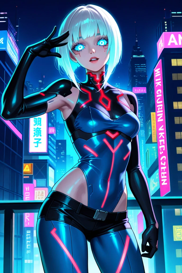 front view, best quality,  wide shot, 

Beautiful delicate face, young girl, white hair, ((kpop idol )), transparent bodysuit, evil eyes, ((upper body:1.15), (sfw:1.45), (spread legs), camel toe, cameltoe, hard shape, vulvashaped:1.25), sensual, hot, sheerblack (high leg cut leotard), pale skin, {{messy short}}, (cute natural medium breasts), bangs, attractive curves, small pelvis, ((standing)), glowing skin, techsuit, mecha, holding a light saber, streets, cyberpunk colors, neon, 

[by Alex Timmermans:by jaynaylor:0.25],
detailed background, detailed foreground, depth of field, ambient silhouette, backlighting,

