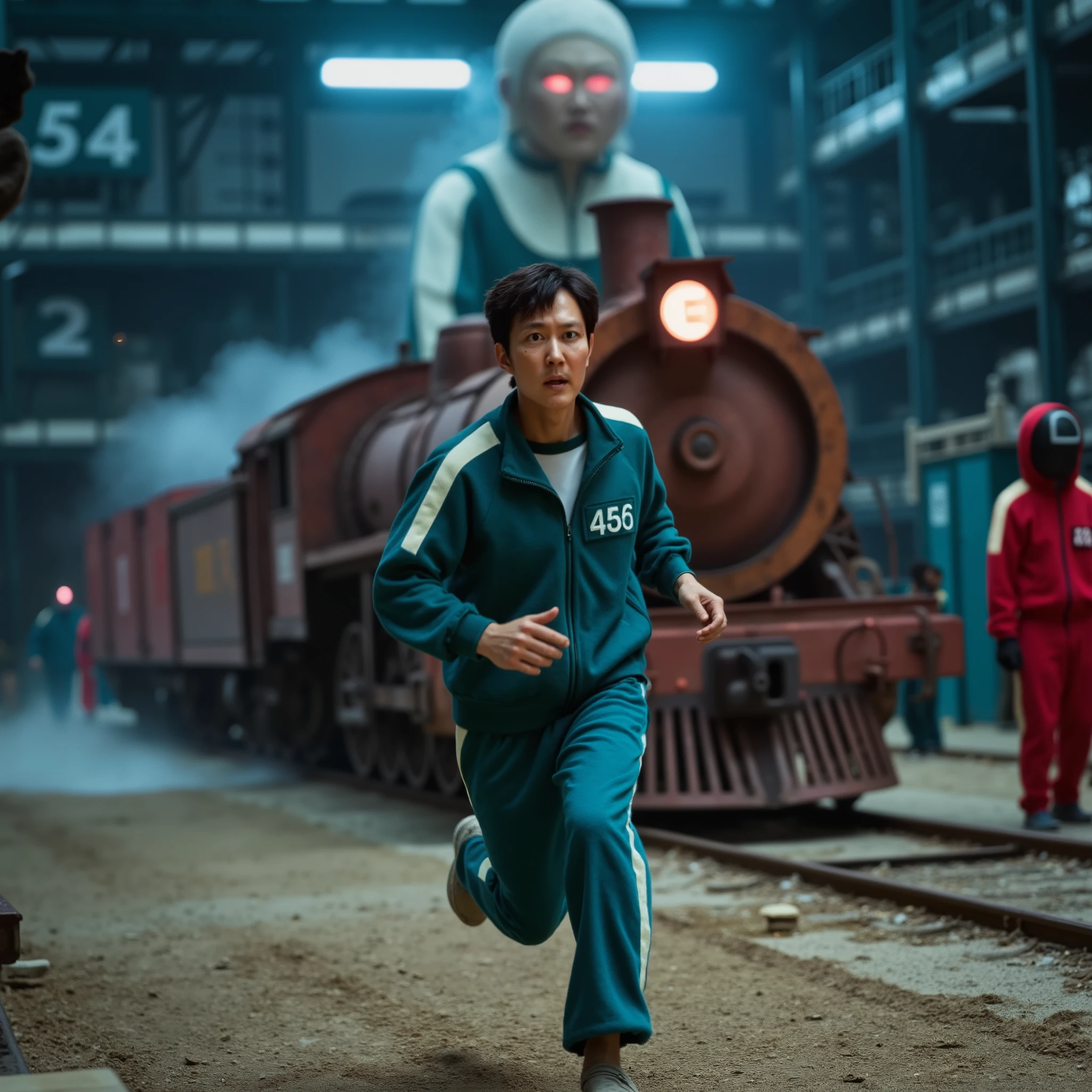"Seong Gi-hun (Player 456) is sprinting for his life, terror in his eyes, sweat and dirt on his face, wearing a worn-out green tracksuit (Badge: 456). Behind him, a rusted, blood-stained train barrels toward him at full speed, its red headlights glowing ominously, sparks flying from its wheels. The massive Young-hee doll stands eerily still in the background, her glowing red eyes locked onto Gi-hun, her towering figure casting an intimidating shadow.
The dark, dystopian arena is filled with industrial fog, cracked metal walls, and flickering neon signs. Masked Squid Game guards in crimson uniforms watch in silence. The lighting is cinematic and moody, with deep shadows and a neon blue-red contrast. The composition captures high-intensity motion, hyper-realistic textures, and a chilling sense of impending doom.
