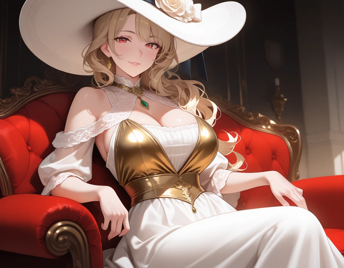 ((best quality)), ((Masterpiece)), (detailed), visage parfait, yeux bleus ultramarins, tied hair, golden hair, ((curly hair)), Evening dress, robe chic, Tight dress, robe noire, corps avec des formes, grosse poitrine, feast, ambiance festive, Dazzling lights