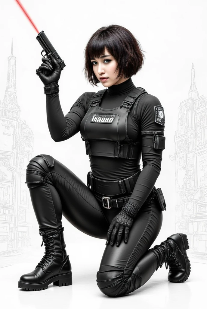 ((Best Quality, 8K, Masterpiece: 1.3)), ((best quality)), photorealistic, photorealism, Photorealistic, high resolution, 1girl aiming with an ak-47 assault rifle, Combat pose, looking at the camera, (Detailed face), short hair, plump and muscular:0.7, (wearing black rubber suit, tactical vests, military harness, black gloves, high-tech headset), cloths color based on black), revealed thigh, Gun, Fingers are occluded, concrete wall background,