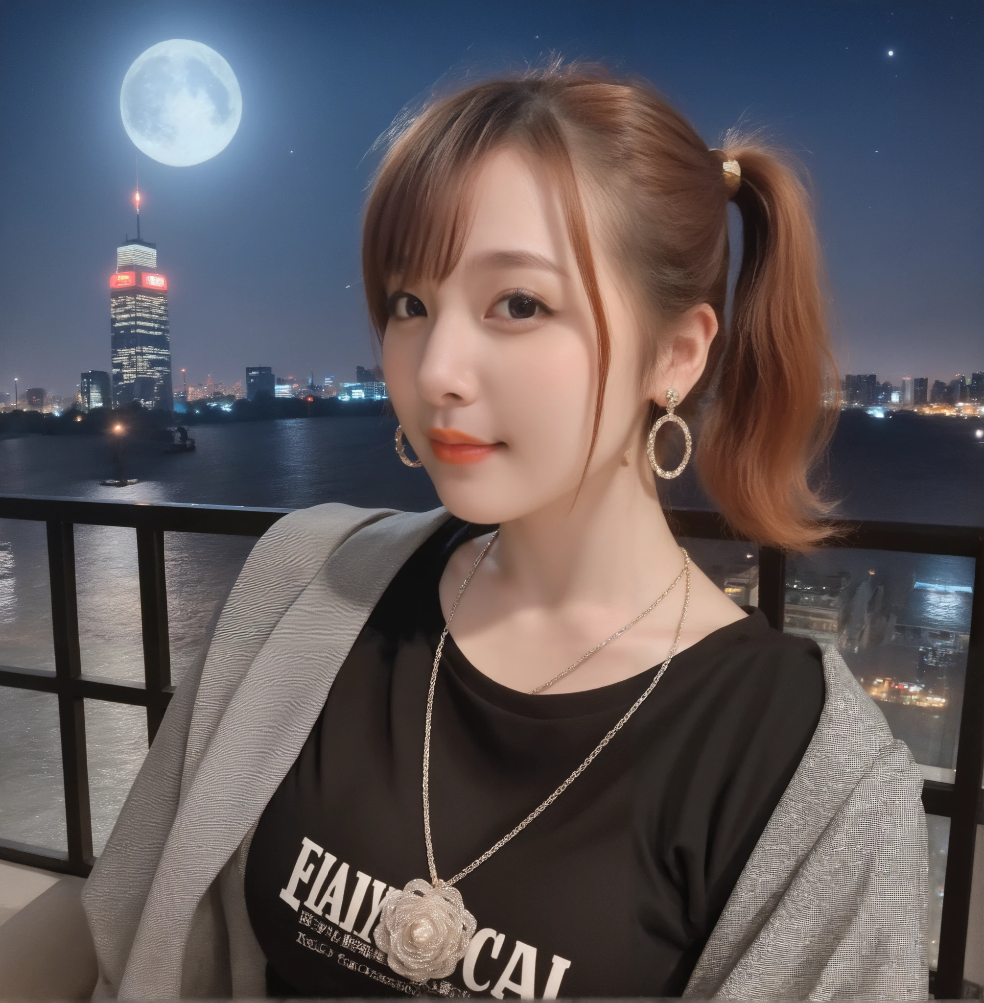 mix 4,(8k, RAW photo, best quality, master:1.2), (realistic, photo-realistic:1.37),1 girl,cute,cityscape of Shumigaoka, Night , full moon, clear night sky professional lighting,photon mapping,radiosity,Physically Based Rendering ,orange hair 1:3 Japanese beauty 18 years old short ponytail big breasts, big 1:2, cute and big eyes,high nose small mouth long eyelashes double eyelids Natural Makeup Orange lipstick, thin body shapes black blouse plaid mini skirt earrings,necklace Touching your hair