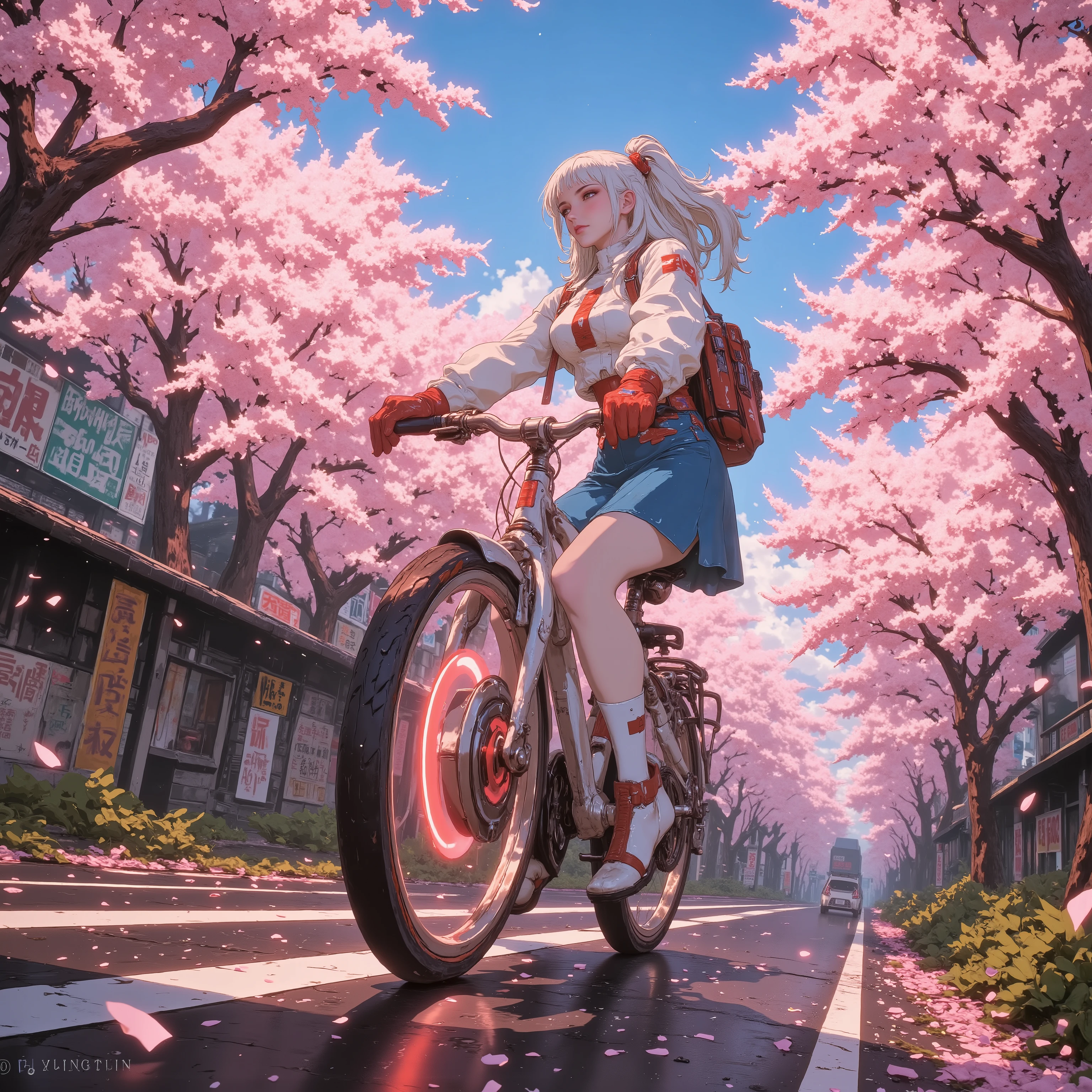 1girl,"from side ,side ,view .from below , low angle,Futuristic bicycle. Focus on Bicycles,. Skirts.hand.Clavicle.. Sleeveless, gloves.A stylish adult woman traveler in a futuristic spring setting, cycling down a cherry blossom-lined road. The scene is cinematic and soft-lit, with cherry petals floating in the wind. She wears a Sleeveless shirt , her bike a sleek futuristic design. The camera angle is low, capturing the glowing sunset behind her. The atmosphere is peaceful, nostalgic, and full of quiet freedom — like a road trip during spring break in a near-future world. Wide-angle lens, shallow depth of field, soft pastel tones, Studio Ghibli meets sci-fi aesthetics,ponytail.