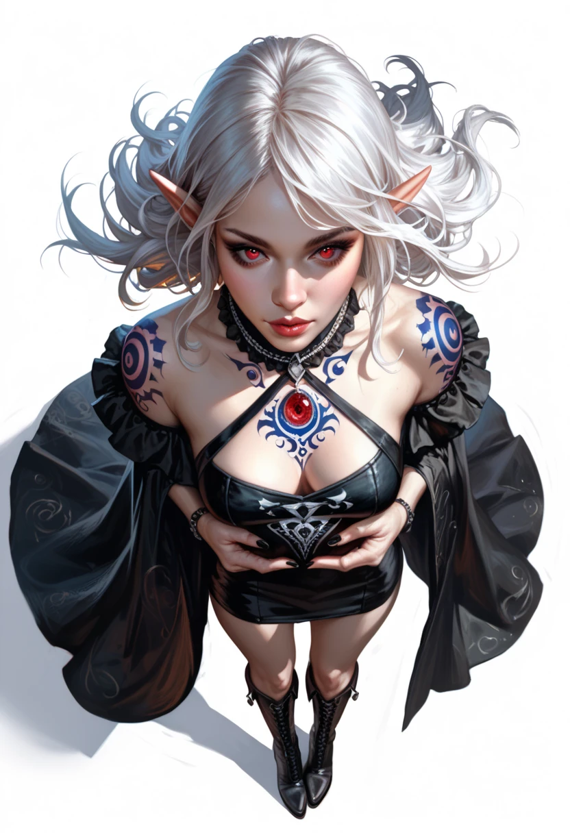 masterpiece, best quality, extreme detail, 8k, image sharpness, Ultra detail hair, beautiful woman, ultra detail face, perfect eyes, perfect face,1girl , pointy ears, white hair, long hair, lipstick, makeup, black eyeshadow, jewellery, bracelet, big breasts, wide hips, thick thighs, sci-fi, cosmic scenery, alien planet, esoteric, occult, black magic, satori, witchcraft, sexy pose, colorful image,