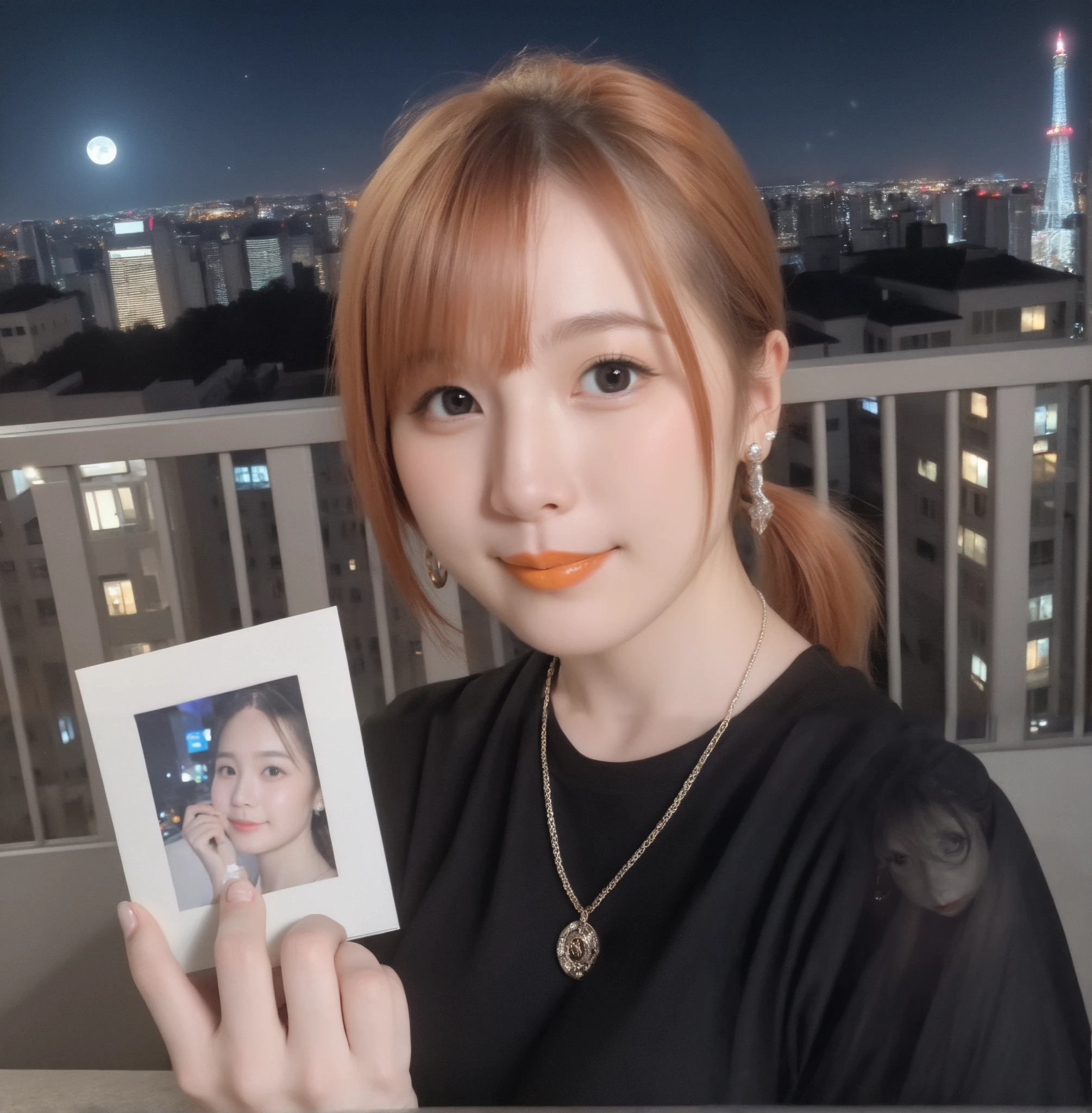mix 4,(8k, RAW photo, best quality, master:1.2), (realistic, photo-realistic:1.37),1 girl,cute,cityscape of Shumigaoka, Night , full moon, clear night sky professional lighting,photon mapping,radiosity,Physically Based Rendering ,orange hair 1:3 Japanese beauty 18 years old short ponytail big breasts, big 1:2, cute and big eyes,high nose small mouth long eyelashes double eyelids Natural Makeup Orange lipstick, thin body shapes black blouse plaid mini skirt earrings,necklace Touching your hair