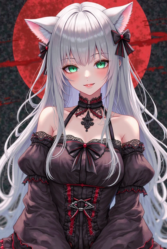 (best quality, ultra-detailed, photorealistic: 1.39), bright and vibrant colors, studio lighting, romantic expression, An effeminate girl, with a delicate and beautiful face. a card game card, with golden edges on the card, duel card, yu-gi-oh card style, a beautiful witch with fanciful clothes, sexy black dress, she has big round breasts, evil sexy smile, sparkling red eyes, white hair, forest background, she is in love, anime style, Anime Girl