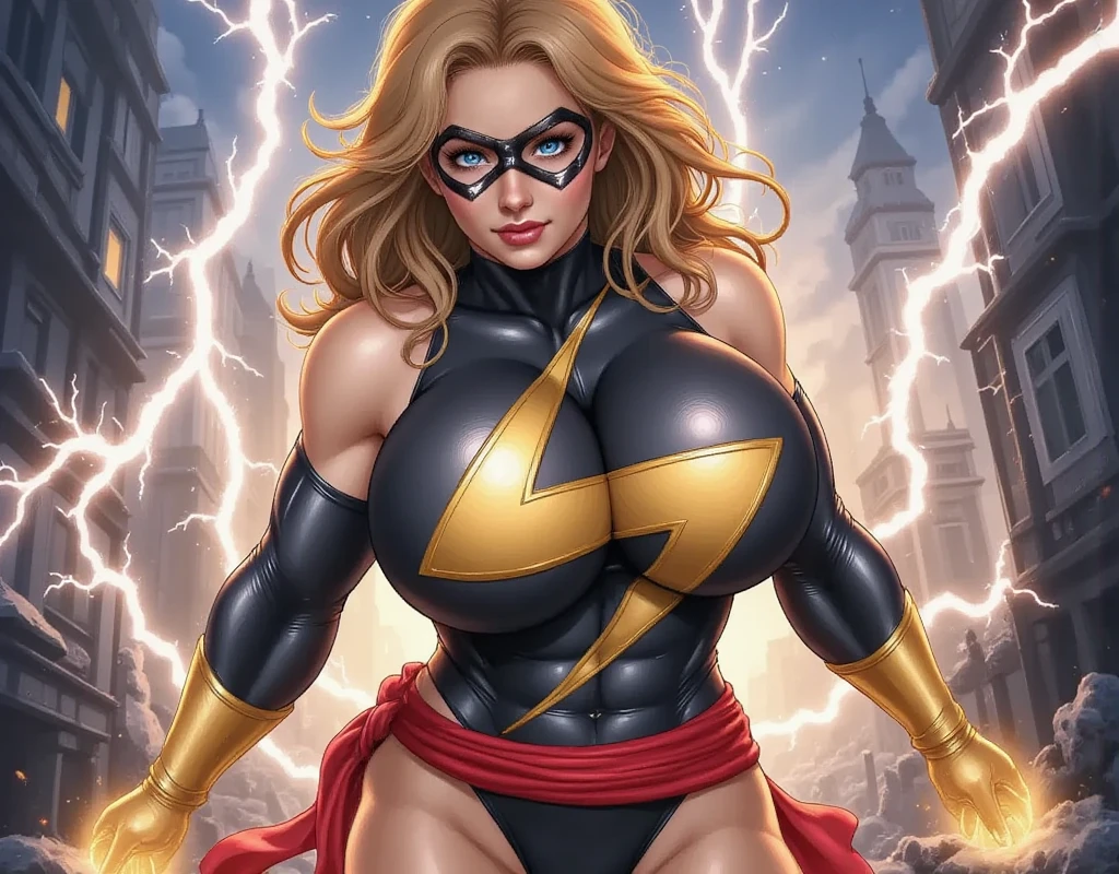 Masterpiece, (((Massive Female Bodybuilder:1.8))), (((Huge Breasts:2))), domino mask, american flag print, striped bodysuit, red cape,starandstripe, antenna hair