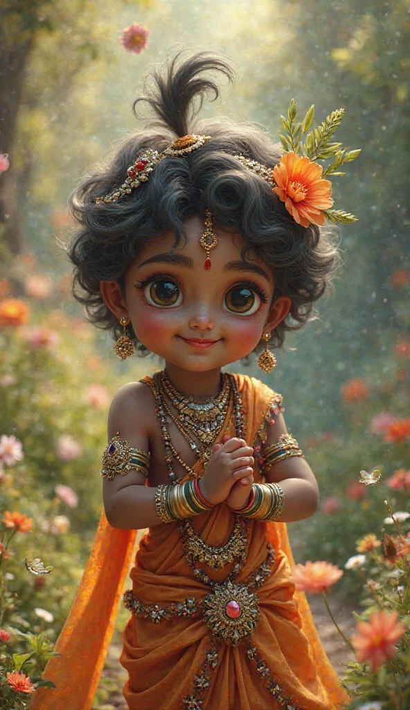A beautiful black but cute curly soft short hair peacock feather on hair tilak on forhead sweet killer smile black beautiful eyes jwelleries and a shawl and dhoti in jungle with flute in hand with a cow no jwellery in head