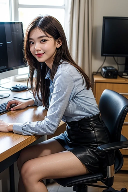 Masutepiece, highest quality, high resolution, Eleonora Pavinato, 30 years old, younger headshot, looking cute, nice pose, beautiful busty girl, long straight black hair, very sexy secretary in office reloading on desk. polo shirt, tight black miniskirt, full length