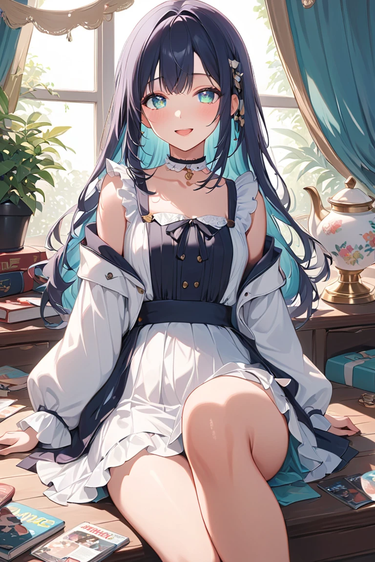 anime girl1, Beautiful blue hair, blue eyes, (bangs cover left eye) His left eye is visible slightly behind his long bangs, (wearing an elegant white noble shirt) wearing an elegant white tie jabot (long elegant noble shirt dress) Sitting on an elegant wooden chair, Skirt covers elegant legs (wearing elegant sparkling white glass shoes) (Hands on the table holding a cup of tea) smiling gently (perfect long straight blue hair) Body position facing to the left (head facing to the left) (image seen from top of head to toes looking down) Background of a luxurious, magnificent palace, detailed size (window light), shiny ceramics (perfect body, left hand holding a tea cup, right hand on a shiny, elegant wooden table, solo, Perfect soft straight blue hair, perfect long shirt sleeves perfect long tight skirt perfect legs perfect body position