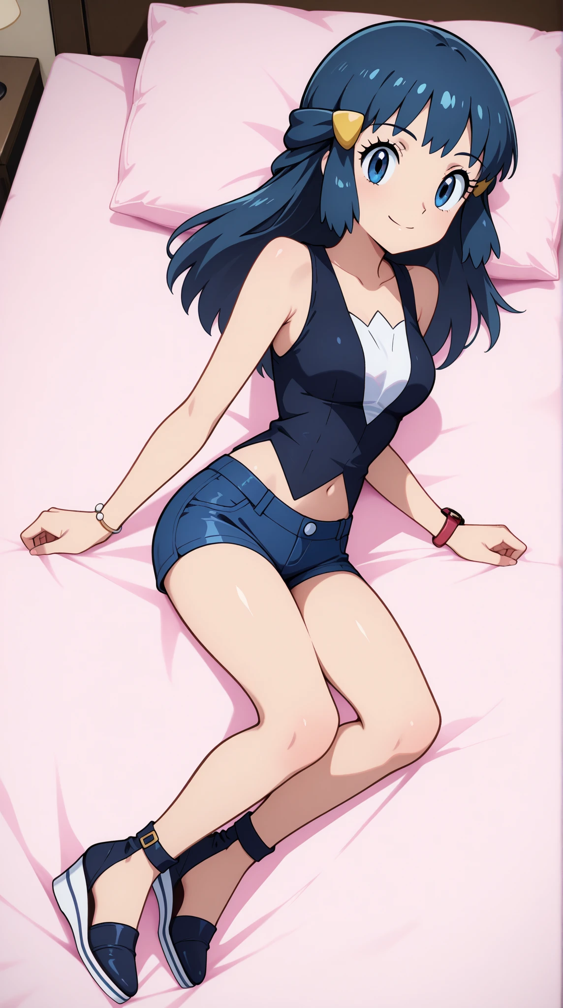 Beautiful young girl, Slender yet curvaceous figure, Short curly white t-shirt, Blue denim shorts, Hair cascading in white curls, lying on a bed, Detailed and realistic rendering, Full body and feet detail, Masterpiece quality, 4K resolution, Soft and warm lighting, Vivid colors, Dreamy atmosphere, Clean lines, Intimate, Ultra-detailed, Realistic, Sharp focus, Physically-based rendering, HDR, UHD, Studio lighting, Ultra-fine painting, Vibrant and professional paint job, Extreme detail description, Muted tones, Rounded chest, Long legs, Toes visible.