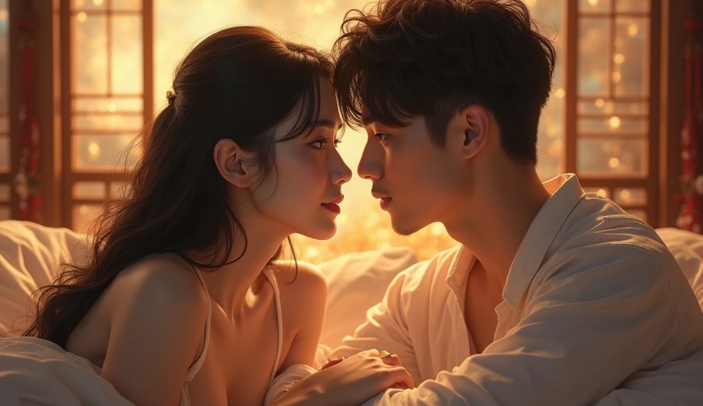 Guy and girl kissing, Passionate kiss, on fire, fantastic style, high quality skin and face texture, high detail, soft light