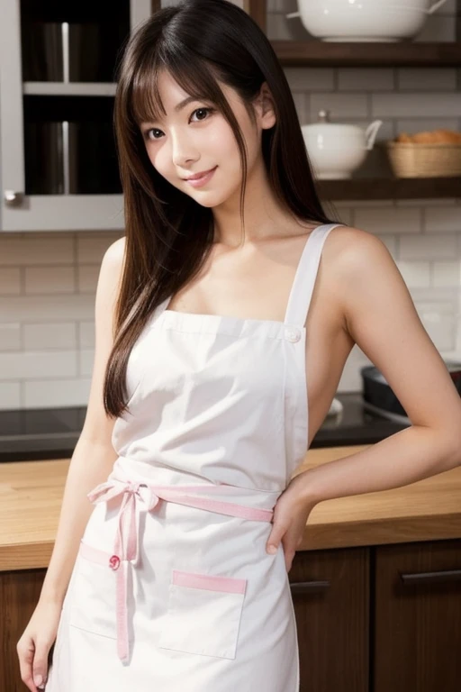 So cute like an idol、Cute and adorable、A 20-year-old girl with a young-looking face、Smiling Kindly、Naked with only an apron、Naked under the apron、whole body像、whole bodyの姿、kitchen、Cleavage、whole body像、whole body、Accurate、Anatomically correct、Textured skin、Super Detail、 Attention to detail、highest quality、High resolution、Real、realism、Raw photo、Genuine、masterpiece