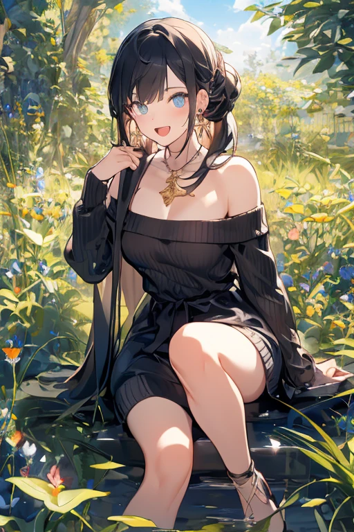 ((1 girl));((17 years old));((long black hair));((wears a simple peasant dress, from the times of the empires, composed and delicate));((her body is sculpted, provides medium breasts like the ass));((her white skin));((pink cheeks and lips));((detailed));((scenario :a sunflower field));((pose:sitting on a bench))