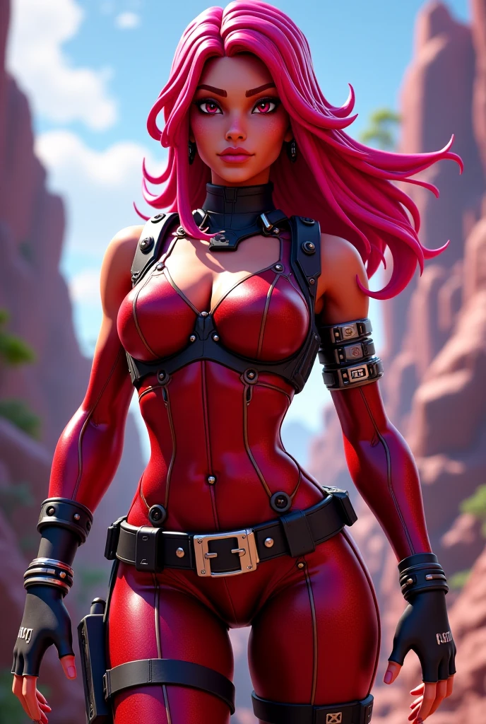Gorgeous woman with abundant, long, crimson hair that reaches her feet, fuchsia jumpsuit, black gloves and knee-high boots, a black mask covering her eyes, Marvel universe