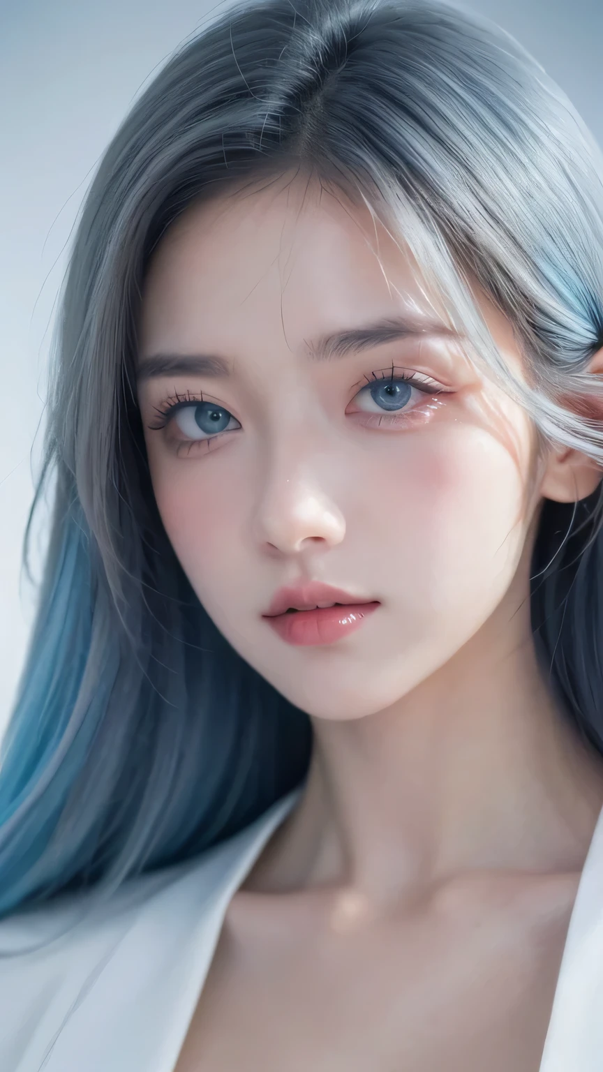 tmasterpiece,Best quality,A high resolution,8k,(sportrait),(avatar close up),(RAW photos),real photograph,digital photography,(Female president),( Professional women), 20 year old girl,random hair style,red eyelack and blue gradient hair),Serious and obsessed,Cleavage, accessories,Keep your mouth shut,elegant and charming,Serious and arrogant,Calm and handsome,(White women's business attire),Photo pose,Realisticstyle,gray world background,oc render reflection texture
