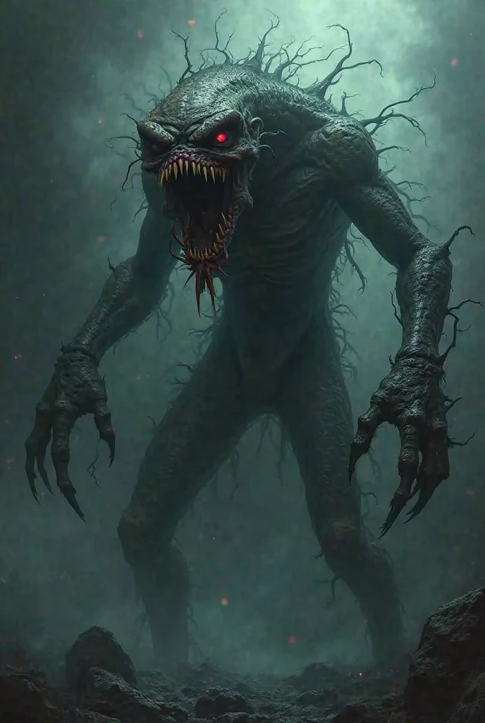 black back ground, monster alien evil sci-fi fog, wet skin, raining
