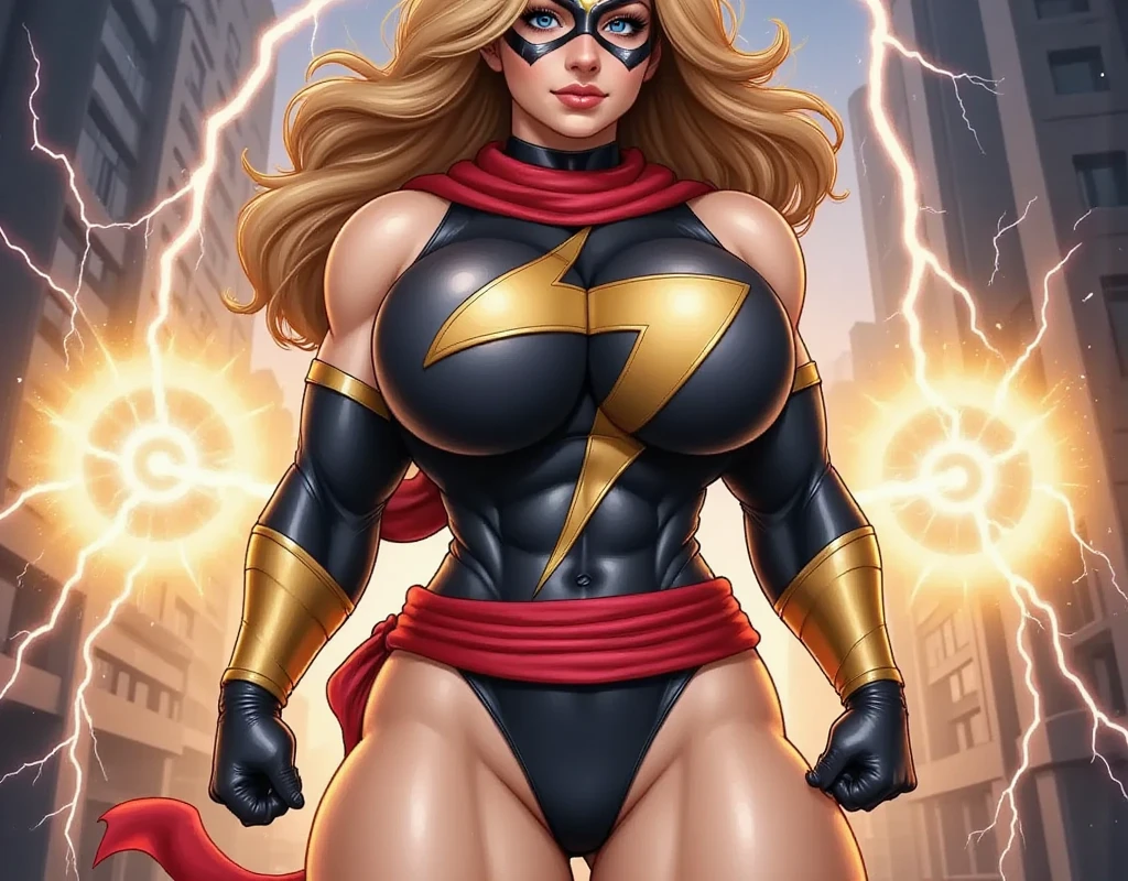 ((masterpiece)), ((best quality)), (ultra-detailed), absurdres, extremely detailed CG unity 8k wallpaper, Official Art, Accurate describe shapes, beautiful face, detailed hands, expressive eyes, upper body, looking at viewer, solo, close-up, (blue sky, dramatic lighting:1.1), (flying, superhero, bright smile:1.2), (1girl, mature female, older, milf, motherly, large breasts, wide hips, narrow waist, blonde hair, long hair, blue eyes:1.4), (MsMarvel, Black leotard, black thighhighs, Red Belt, eye mask, bare shoulders, elbow gloves, black gloves:1.3), , ((masterpiece)), absurdres, HDR <lora:MsMarvelSD15>