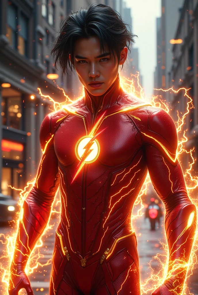 Reverse Flash stands atop a lightning-struck tower, his eyes glowing with malevolent power. His costume is a black and red blur, with a glowing yellow lightning bolt emblazoned on his chest. His hands crackle with electrical energy, ready to unleash his devastating power.