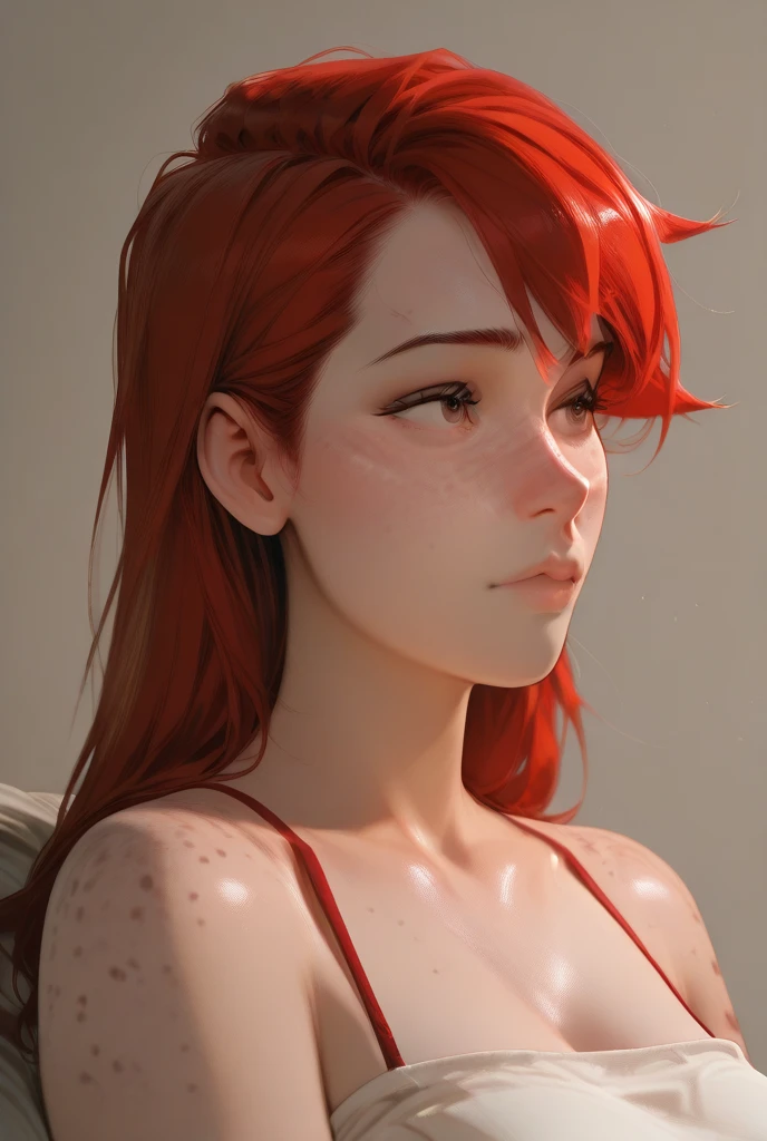 1girl, mature, red hair, red eyes, large breasts:1, white dress, simple background,