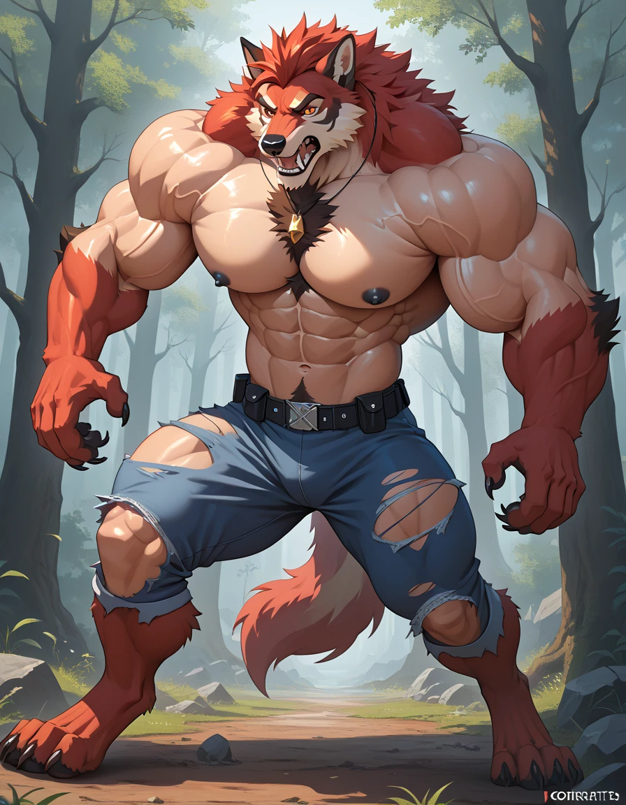 personal, High resolution, Press down on the bed and look down, blush, spike, Sticking out tongue, Showing fangs, high quality, high detail, very short red hair, hairy, Werewolf, young people,Crotch bulge, Tall and strong , Wooden house interior background at dusk,Ultra high quality, textured skin, ,Black Gloves, brown pants, red and white fur, White Chin, fiery red eyes , Brave, Black tight-fitting top
