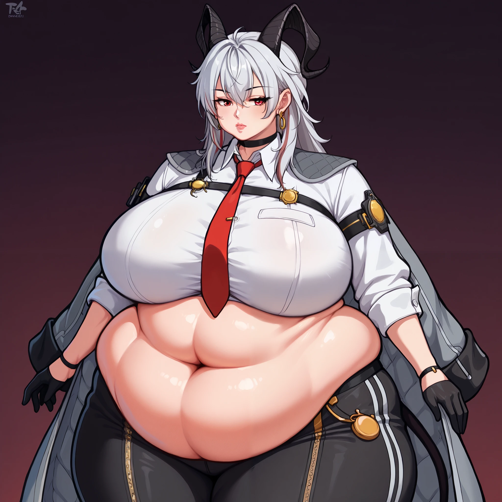 score_9, score_8_up, score_7_up, cowboy shot, Alone, 1 girl, z4ni, demon tail, long hair, multicolored hair, grey hair, hair between eyes, goat horns, demon horns, red eyes, large breasts, grey coat, coat on shoulders, white shirt, collared shirt, red necktie , long sleeves, black gloves, half gloves, black pants, earrings, black choker, ((( huge breasts))), chubby, chubby girl, curvy, large breasts, lips, plump, thick thighs, thighs, (((oversized gigantic stomach)), curvy, large breasts, lips, plump, thick thighs, thigh, immobile, ((oversized gigantic stomach))