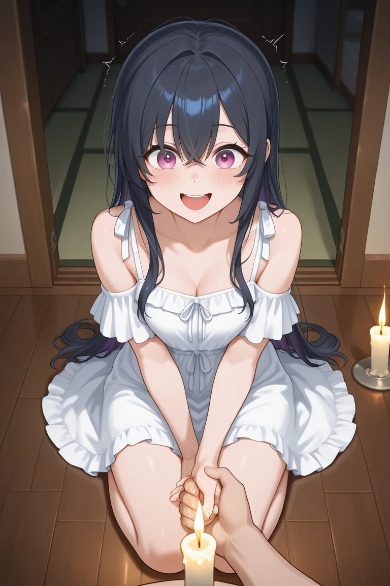 ((Highest quality, High resolution,  Perfect Pixel,  4K)),  (Beautiful Anime Girls), Depth of written boundary、

Perfect body, 

Yukinoshita Yukino、


smile , blush、

erotic、Shiny light blue sequin dress、
Dimly lit pink love hotel、

Angle from below、
belly button、