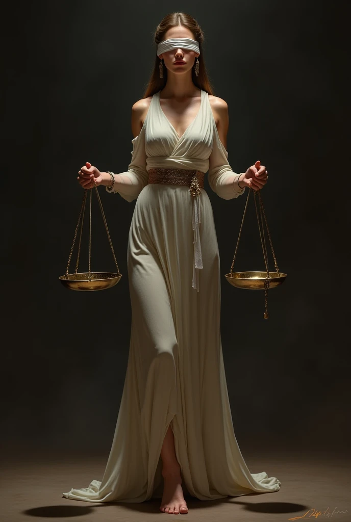 (((ultra realistic))) Photo, masterpiece, top quality, (Pale skin), (Ultra detailed face and eyes.:1.3), A hyperrealistic image of a woman representing the zodiac sign of Libra, Captured in a classic and elegant style. The woman has a strong and balanced posture, similar to a goddess of justice, with arms outstretched holding an antique golden scale, intricately designed, that reflects light gently. His expression is serene and determined, with a touch of authority and grace. His body is slightly tilted to one side, with one leg forward, creating a perfect balance in the composition of the image. He wears a golden robe draped around his body., that falls gently in elegant folds, similar to classical Greek style. The tunic is adorned with embossed details of geometric patterns., emphasizing the symbolism of justice and balance. The fabric shimmers subtly under the lighting, highlighting the rich texture and details of the design. The woman is wearing a golden tiara that fits perfectly over her hair., which is gathered in a low bun with some loose strands, giving it a majestic air. A wide belt with a central medallion, decorated with Libra symbols, girds his waist, adding a touch of power and symbolism to his figure. The gold and bronze tones in her clothing and accessories contrast with the dark, textured background., evoking an ancient and timeless atmosphere. The background of the image is dark, with brown and gold tones that mimic an aged canvas texture, creating a classic and solemn atmosphere. The lighting is warm and directed, highlighting the muscular lines of his arms and the contour of his face, while maintaining a soft shadow that adds depth to the scene. The scales he holds in his hands are detailed and ornate., symbolizing balance and justice, central elements of the Libra sign.