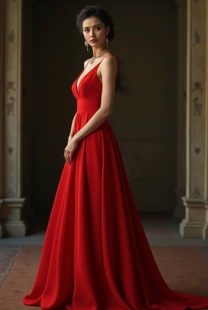 Young woman wearing a red dress black wall