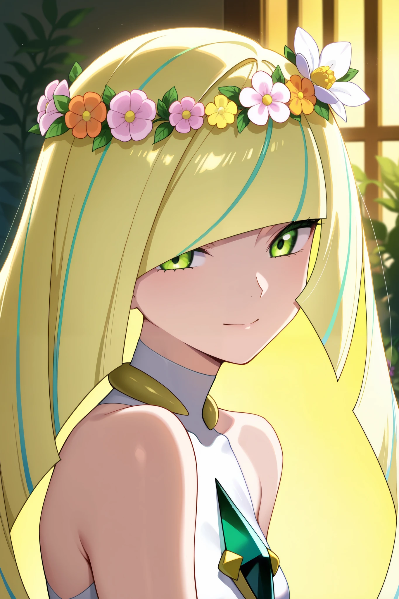 very aesthetic, highres, newest, anime screencap, anime coloring, 2d, 1girl, lusamine (pokemon), beautiful detailed anime girl portrait, highly detailed, intricate, delicate facial features, elegant expression, beautiful skin, long flowing hair, lustrous hair, flower crown, lush floral background, golden pollen, magical, ethereal, vibrant colors, warm lighting, photorealistic, 8K, HDR, studio lighting, physically-based rendering, vibrant, vivid colors