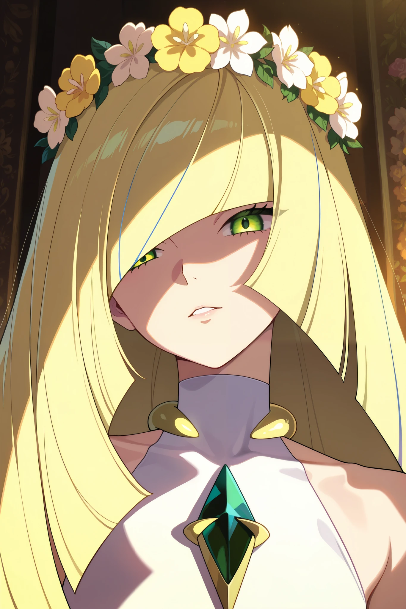 very aesthetic, highres, newest, anime screencap, anime coloring, 2d, 1girl, lusamine (pokemon), beautiful detailed anime girl portrait, highly detailed, intricate, delicate facial features, elegant expression, beautiful skin, long flowing hair, lustrous hair, flower crown, lush floral background, golden pollen, magical, ethereal, vibrant colors, warm lighting, photorealistic, 8K, HDR, studio lighting, physically-based rendering, vibrant, vivid colors
