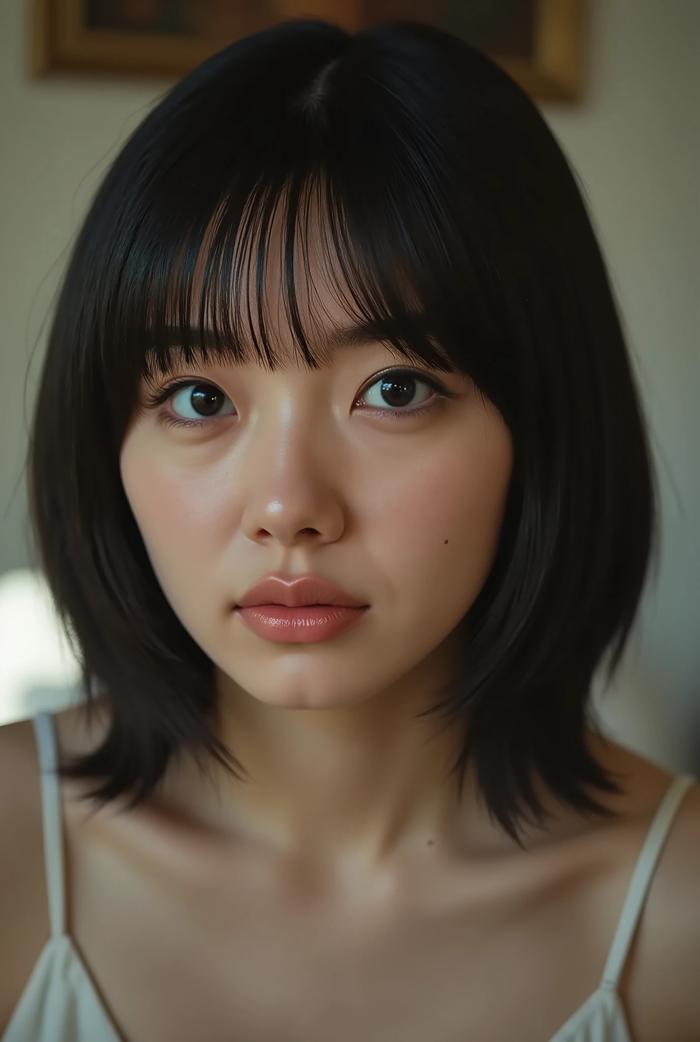 (( best quality )), ((masterpiece)), ( details), first-person view ,1 girl, sexy,( Bringing Your Face Closer ),((mouth wide open )),((Big Breasts, underwear, short bob hair)), black hair , (( without makeup, Small eyes))