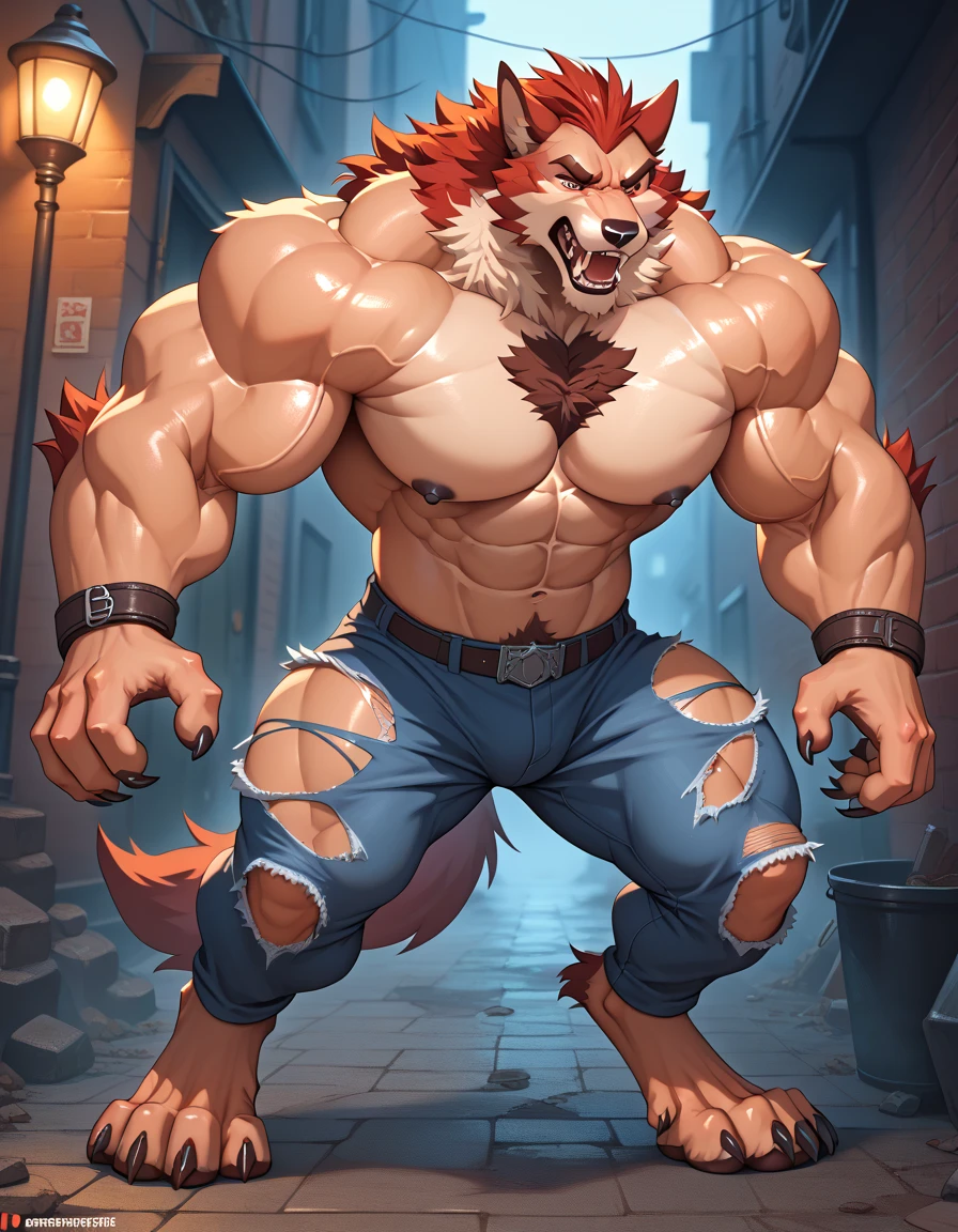 deathwolf, posted on e621, solo, anthro body, male, adult, very masculine, (very muscular, big pectorals, defined muscles:1.2), (no background, black background, purple fire:1.1), (detailed eyes, red eyes, evil eyes, looking at camera:1.1), glowing eyes, (cel shaded:1.2), without shading, serious eyes, open mouth, smile), full body, (black pants:1.2), bare torso, lineart, (by wfa:1.0), (by negger:1.0), no shading, flat color, lineart, really big pectoral