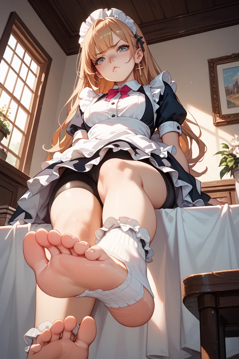 Sexy feet of an anime maid, 5 toes on each foot and slight redness, although the maid has a sweet face, she is an adult girl,
her hair is brown,
She shows the bottom of her feet, he is sitting on his knees and the camera is filming her from behind