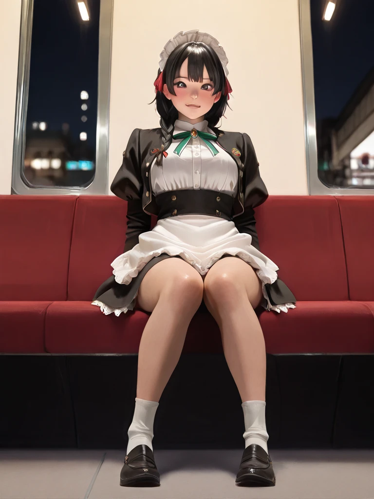 <lora:detkokosh:1> , detkokosh, 1girl, bangs, belt, belt buckle, between breasts, black belt, black legwear, blush, breasts, brown eyes, brown hair, buckle, eyebrows visible through hair, gloves, ground vehicle, jacket, large breasts, locomotive, long hair, looking at viewer, necktie, necktie between breasts, off shoulder, one eye closed, open clothes, open jacket, pantyhose, parted lips, pencil skirt, shinkansen, shirt tucked in, sitting, skirt, solo, sweat, train, train interior, undressing, uniform, white gloves
