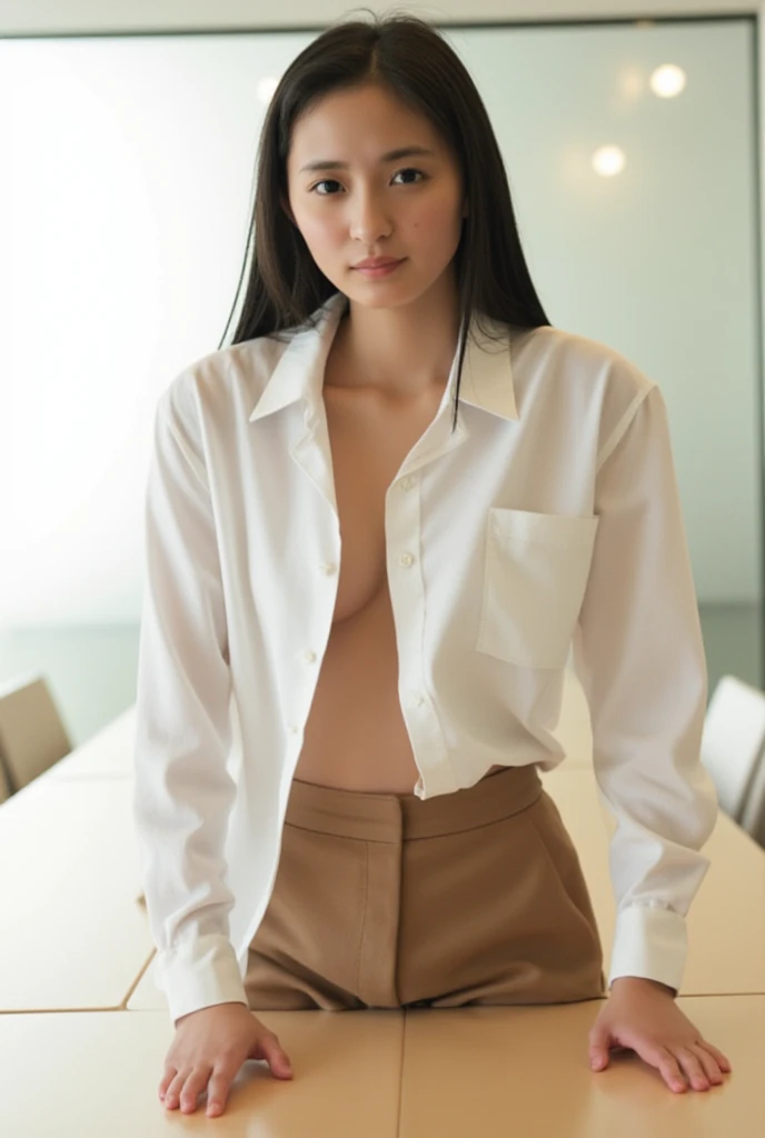 [[((young attractive Japanese woman with fair skin, long straight dark black hair, striking almond-shaped eyes, and a  frame:1.6)), ((Sophie Tan:1.5)), standing against a plain white wall in a professional photo shoot setting. She is wearing ((a well-tailored business suit:1.4)), comprising a fitted blazer and matching skirt or pants, presenting a professional and elegant appearance. Her hair is styled in loose waves, cascading down her back, and she has a confident gaze directed at the camera. The background is a simple white wall to keep the focus entirely on Sophie. The scene is captured with a ((full-frame DSLR:1.4)) using a ((50mm prime lens:1.4)) to keep Sophie in sharp focus. Professional studio lighting enhances her natural features and adds depth to the image. Post-production enhances the natural colors and ensures a clean, polished look. The image should be in ((8K resolution:1.5)) with ((hyper-realistic detail:1.6)). The focus is entirely on Sophie's facial features, hair, and professional attire, capturing her essence perfectly in a business setting.]]