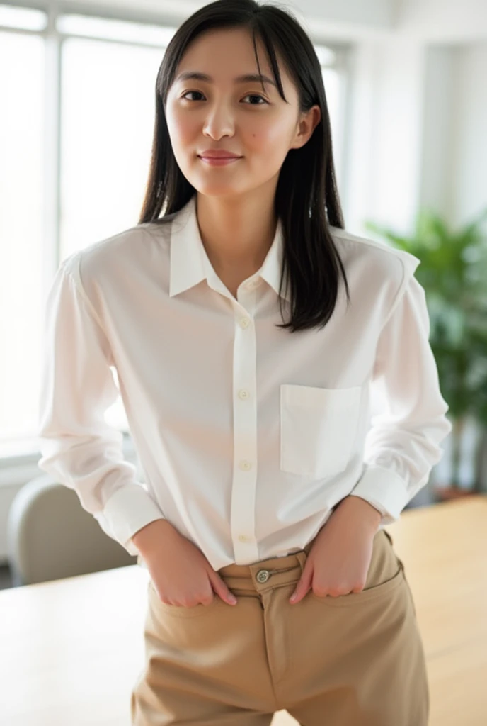 japanese office lady standing, upper body, face close up, cowboy shot, legs spread, Peeing self:1.4, (pee stain:1.3),(urination:1.3), wetting herself, peeing herself, in office, mature, aged, old, professional, skinny, black eyes, black hair, smile,standing, spreading legs, white slacks, pastel color slacks, light color slacks, formal pants, button down shirt, professional, <lora:PeeingThemselfV2_0:1.3> ,long straight hairstyle, break, (pee stain:1.3),(urination:1.3), wetting herself, peeing herself, cowboy shot, face closeup,super realistic person, RAW photo, real person:1.2, photorealistic, (very detailed skin:1.2), (very realistic skin:1.2), Canon EOS 5D 300 mm F/2.8, HDR, mature, aged, old