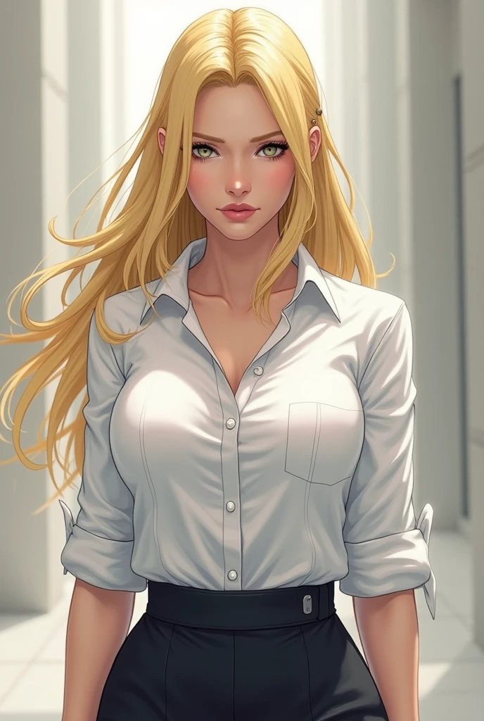 woman milf years old,  long blonde hair, greeneyes, white blouse with neckline, medium sized breasts , Skinny jeans, coxas grossa, 