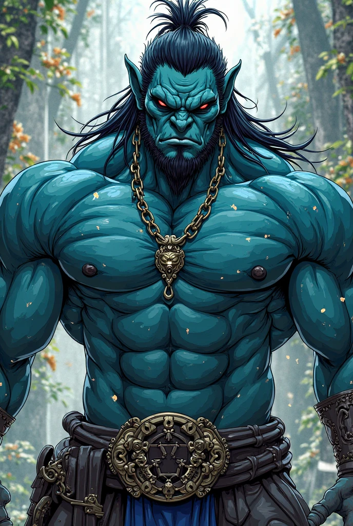 blue orc monster, Goblin with blue skin,bulky body type, Wearing only shabby, old bottoms, The bottom is fluffy fur leather., Asian middle-aged male face, Short black curly permed hair, 2 small horns on head, a grim expression, orc body type, Nighttime, Forest scenery, bare foot, mustache, beard, bamboo forest, Detailed and realistic backgrounds, Realistic background, A weapon that resembles a baseball bat with spikes held in the hand., Focus on upper body