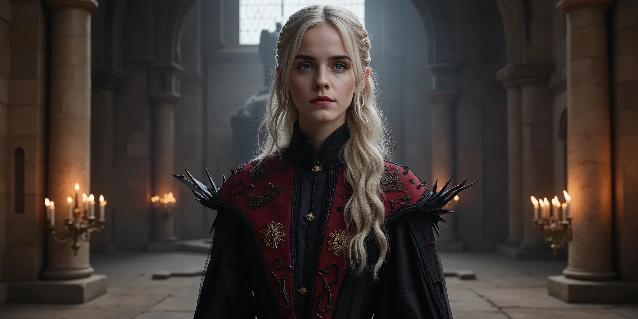 Create a powerful and regal portrait of Daenerys Targaryen standing in the grand Hall of Dragonstone. She is depicted as a slender, ethereal figure with silver-blonde hair cascading down her back in intricate braids, adorned with small dragon-shaped ornaments. Her violet eyes glow with determination and strength, reflecting her Targaryen heritage. She wears a flowing, elegant dress in deep black and red, with dragon-scale patterns and subtle embroidery that hints at her house's sigil. The dress is both regal and practical, with a high collar and long sleeves, exuding authority and grace.The Hall of Dragonstone surrounds her, with its towering stone walls carved with ancient Valyrian runes and dragon motifs. The room is dimly lit by flickering torchlight, casting dramatic shadows across the space and highlighting the textures of the stone and her dress. Behind her, the massive stone table shaped like Westeros stands as a symbol of her claim to the Iron Throne. The atmosphere is dark, mystical, and awe-inspiring, with a faint glow of firelight reflecting off her hair and eyes.The composition focuses on Daenerys as the central figure, capturing her commanding presence and the weight of her destiny. The style is realistic and detailed, with a focus on textures—the smoothness of her skin, the shimmer of her dress, and the roughness of the ancient stone. The mood is both majestic and haunting, embodying her role as the Mother of Dragons and rightful heir to the Targaryen legacy.