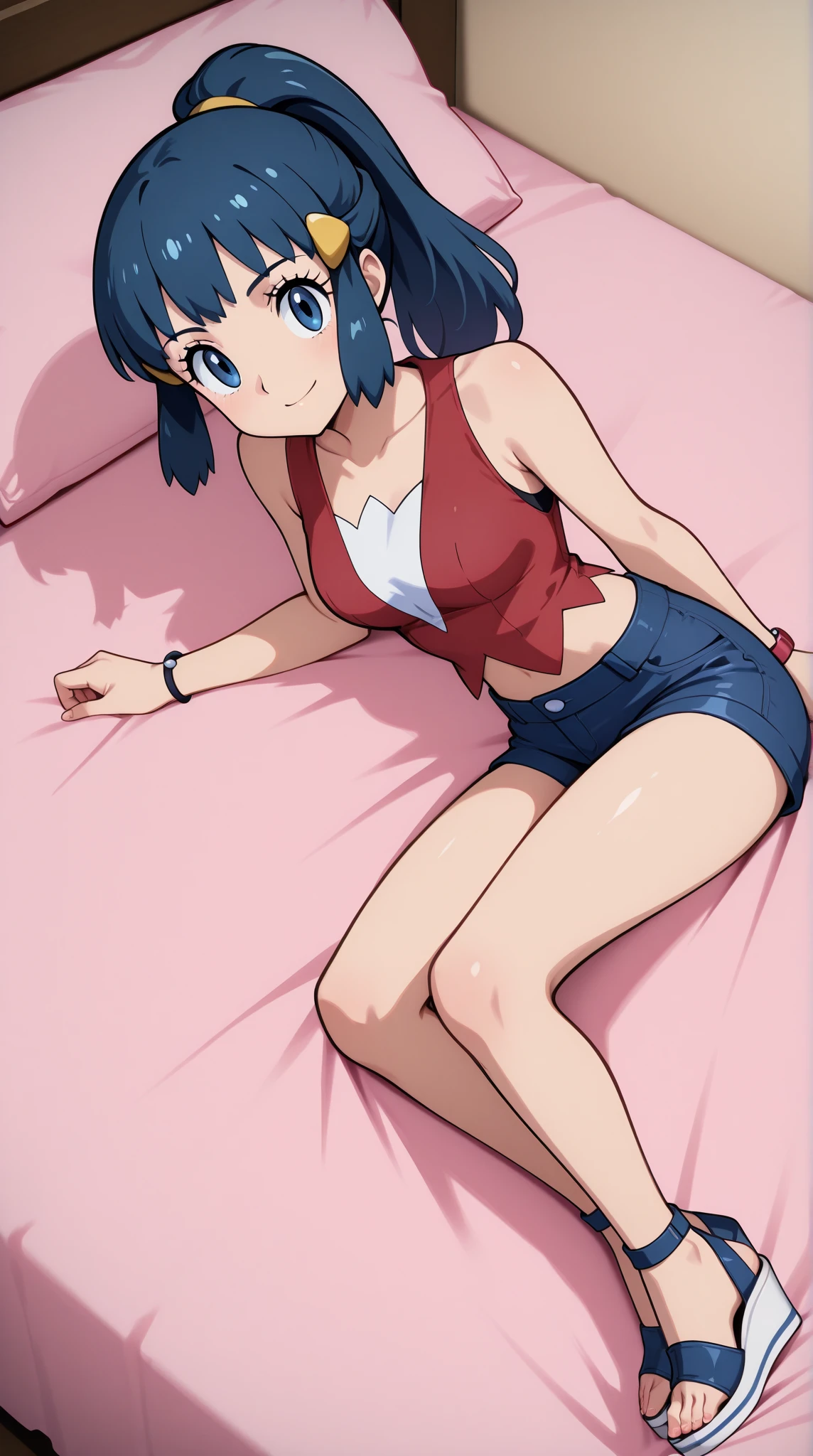 matoi ryuuko, topless, shirtless, no top, (sfw:1.5), no bra, braless, (pasties:1.3), bare shoulders, no sleeves, sleeveless, (laying down:1.5), (black panties:1.5), (dakimakura pose:1.5), (complete body shot:1.5), (full body shot:1.5), short hair, cap, head accessory, hair ornament, solo, simple background, flat background, flat color background, white background, simple white background, pillow, blue eyes, large boobs, big breasts, cleavage, necklace, small waist, wide hips, thick thighs, covered thick thighs, smiling, smooth midriff, sexy body, sexy skin, perfect skin, attractive, curvy body, glamorous, right hand, left hand, fingers, white sneakers, sneakers, sushio artstyle, trigger artstyle