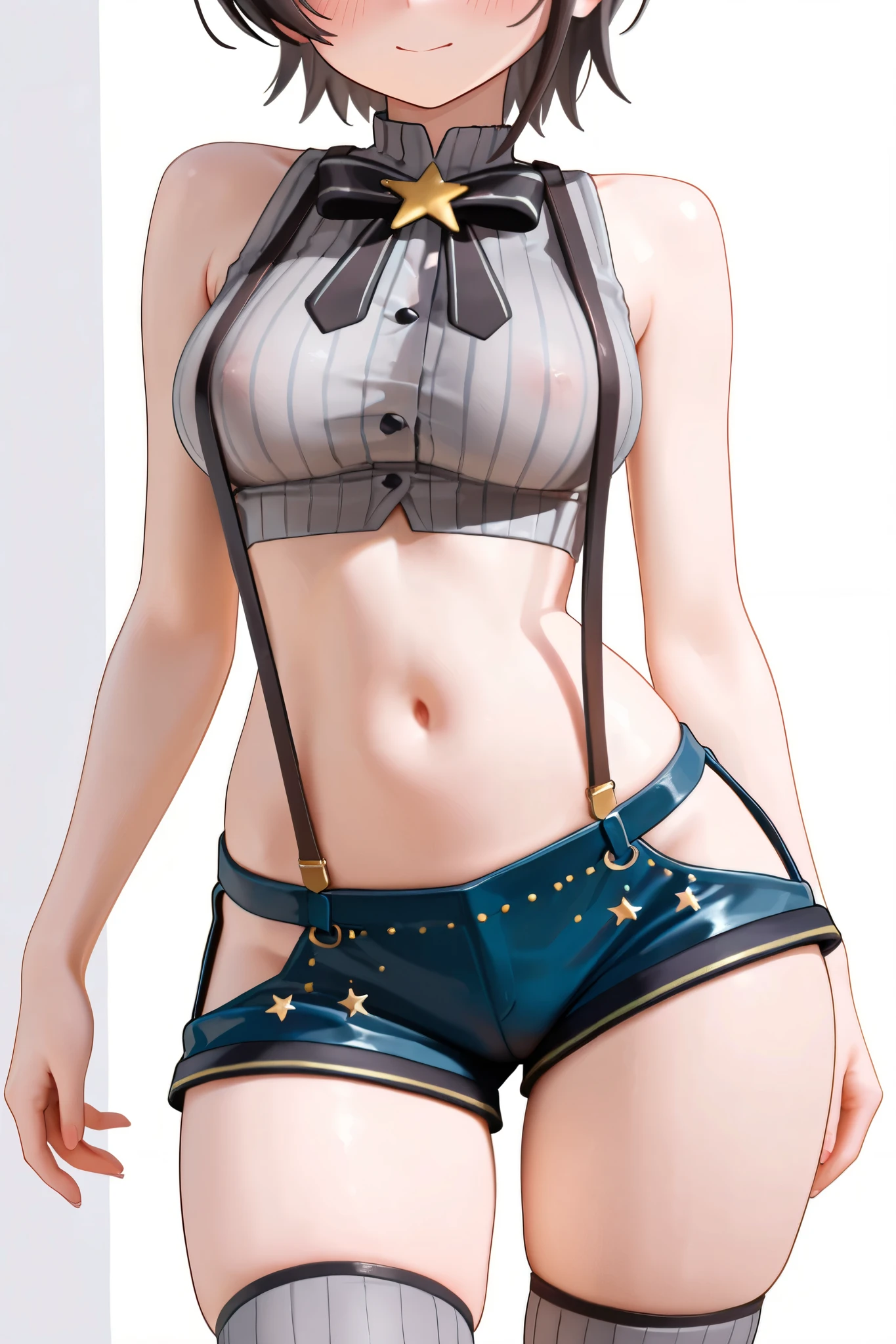 Masterpiece、最high quality、high quality、High definition、High resolution、High detail、Lens flare、Ray tracing method、high qualityの質感、high qualityの影、Beautiful details、Detailed and delicate、Detailed texture、Realistic facial expression、Realistic and colorful、Delicate、Cinematic Light、Side light、Sharp Focus、(1 woman:1.3)、(Intricate details、Makeup、Pure Eros Face_v1:0.5)、(Details Beautiful delicate face、Detailed beautiful delicate eyes、Perfect Facial Proportions、Detailed skin、Charm)、fancy hairstyles、Beautiful bangs、(Two-tone gradient hair color)、slender、(Upturned beautiful breasts)、Raise your arm and make a peace sign、Detailed crotch、Female juice、(Experiencing the best orgasm)、Light-colored mini bra、String Bra、Light-colored V-cut、Light-colored thong、Thigh mini skirt、Low-rise mini skirt、Front-button shirt、Crop top、Low-angle composition